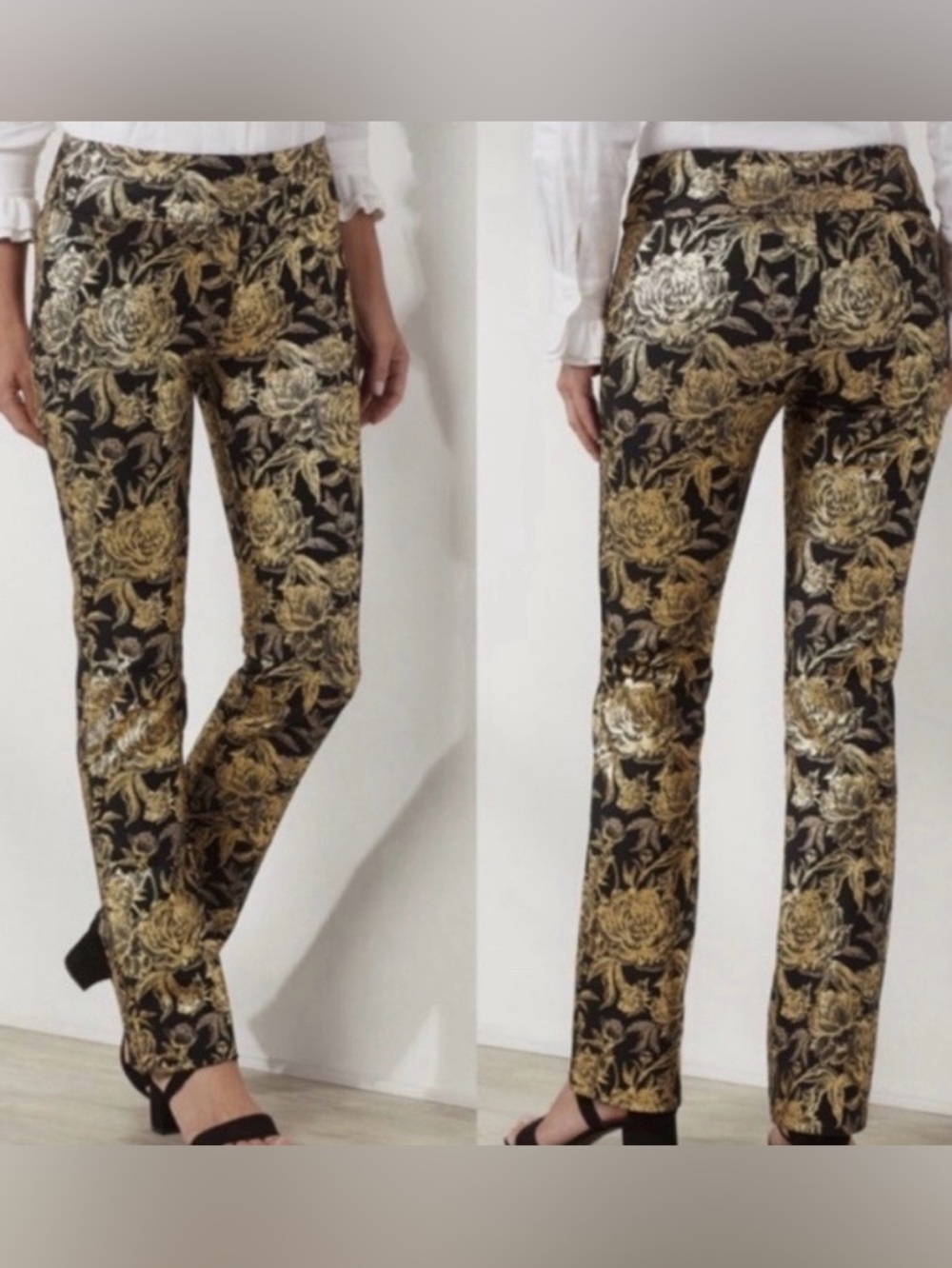 Soft Surroundings Black and Gold Floral Brocade Straight Leg Pants